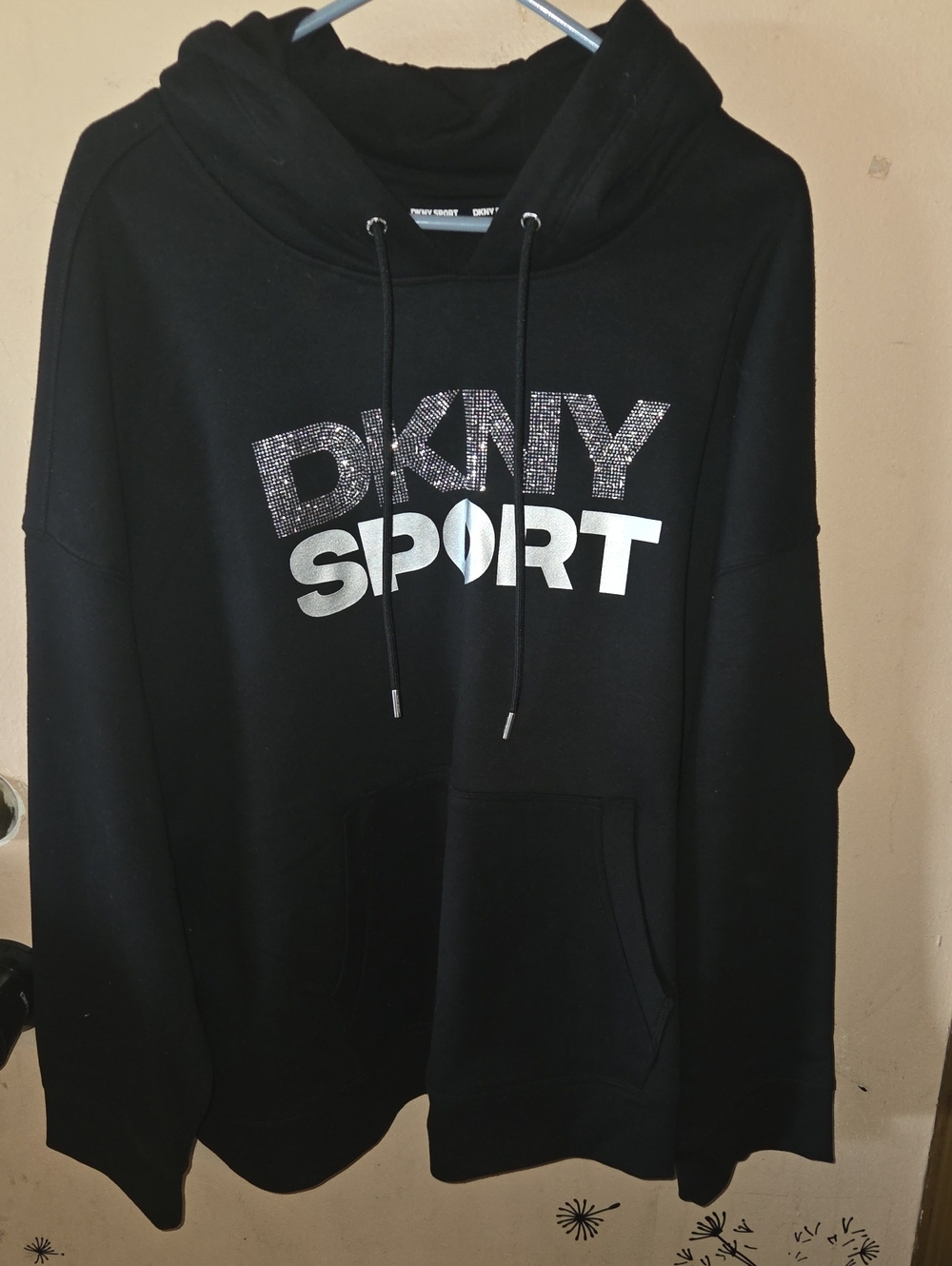 Dkny Black Sparkle Logo Cowl Hoodie
